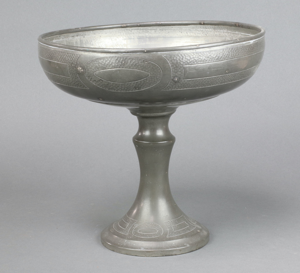 Roundhead Pewter, an Art Nouveau pedestal bowl with planished decoration, the base marked