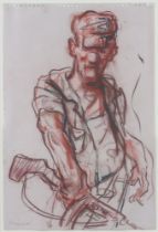 ** Peter Howson (Scottish 1958), conte on paper, "HVO" depicting a male soldier holding a rifle,