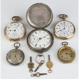 A Waltham keyless pocket watch contained in a gold plated case, a Waltham key wind pocket watch in a