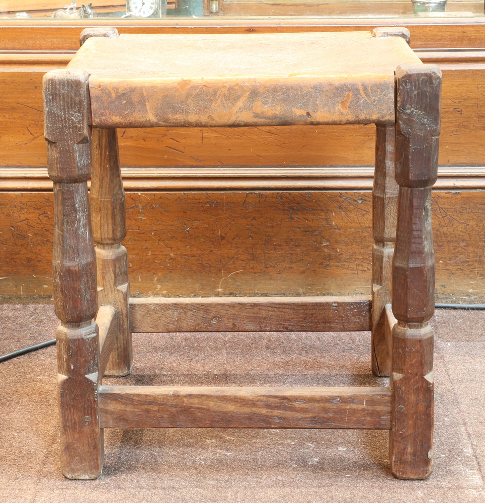 Robert "Mouseman" Thompson of Kilburn, a pair of oak stools, raised on octagonal turned and block - Image 11 of 16