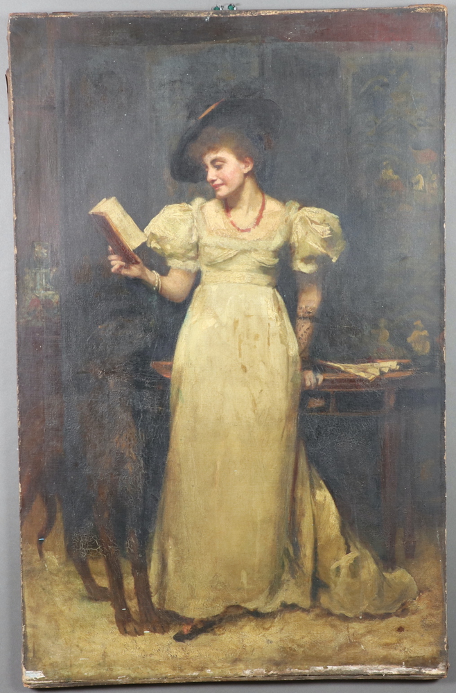 Oil painting on canvas, a Victorian portrait of a lady reading to a wolfhound, unframed and unsigned - Image 2 of 11