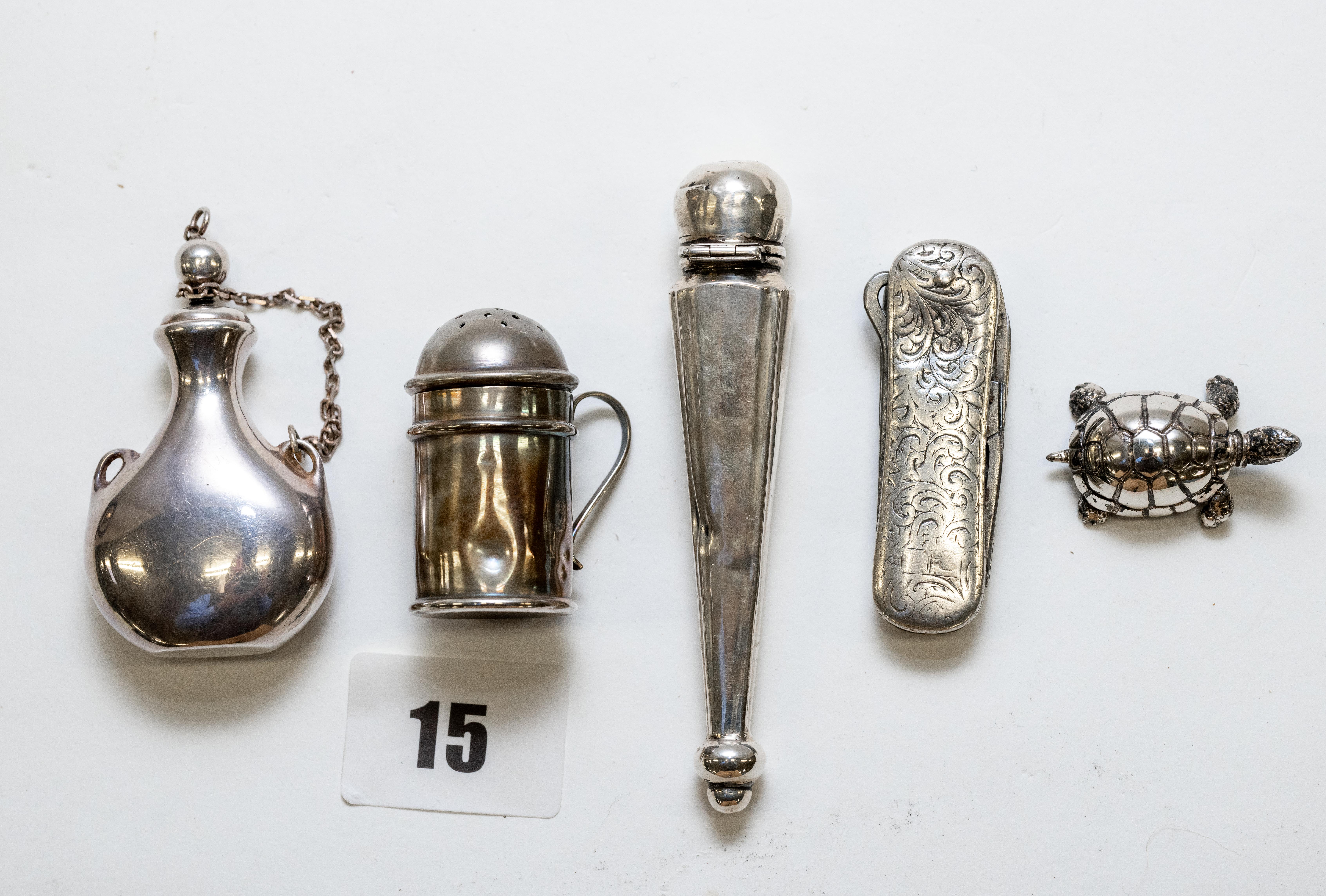 A George V silver SCENT FLASK of pointed form, date letter & lion stamps only,