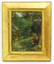 Early 20th century, English School, Oil on board, A rural village scene with a figure in red. Signed