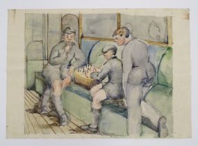 Manner of Stanley Spencer (1891-1959), 20th century, Watercolour, The Chess Game, A study of