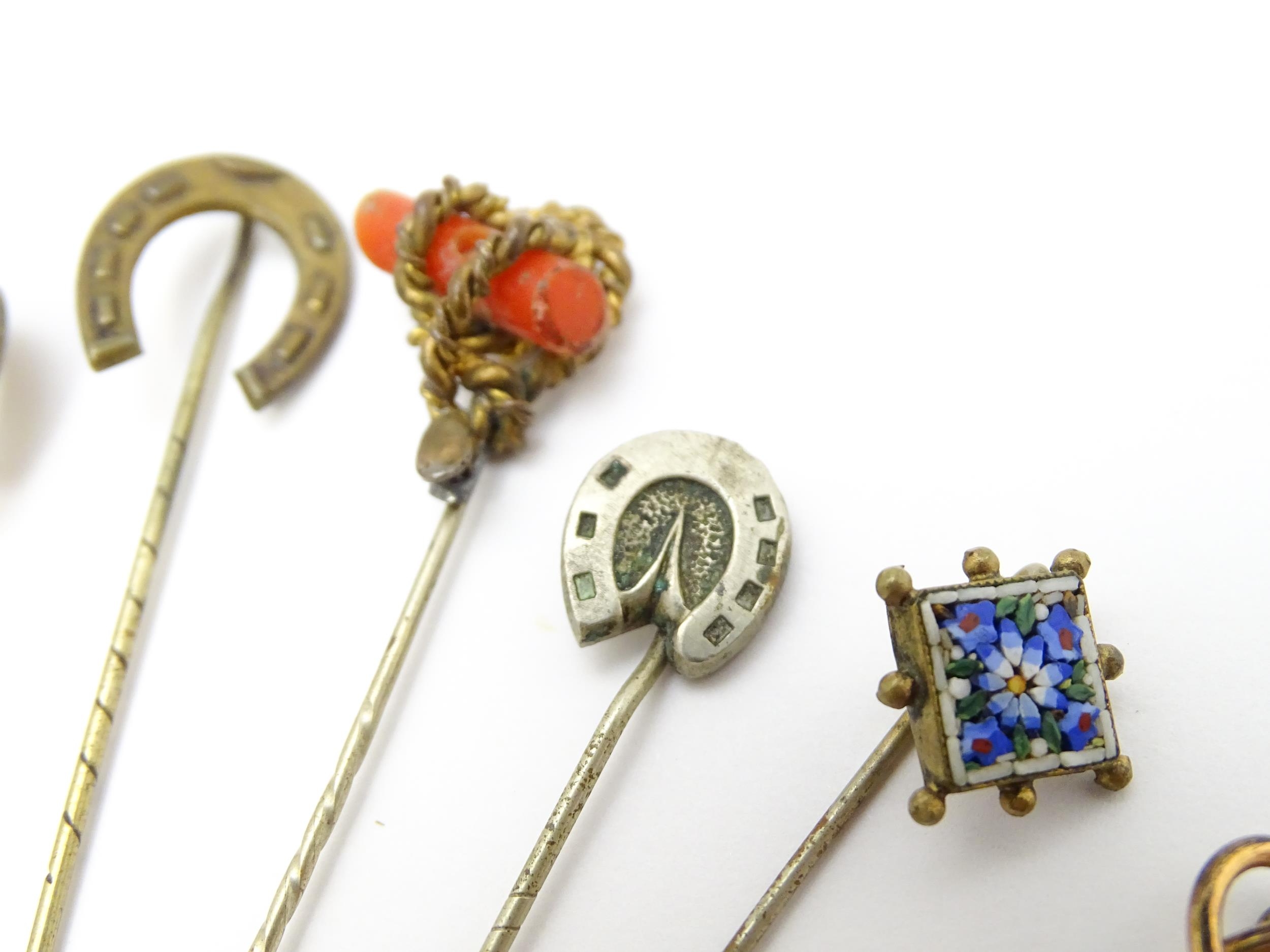 Twelve assorted stick pins to include examples with horse shoe finials, micro mosaic detail, etc. - Image 6 of 13