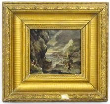 19th century, English School, Oil on board, An stormy coastal scene with fishermen in a cove.