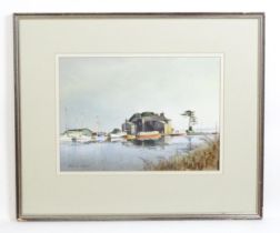 Brian Hayes, 20th century, Watercolour, Turf Lock, Exeter Canal with boats. Signed lower left.