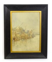 I. M. Cadell, Early 20th century, Watercolour, A harbour scene with boats by a ghat in India. Signed