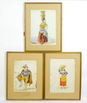 19th century, Italian School, Watercolours, Three peasant portraits, one depicting a man wearing a
