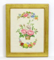 Victorian School, Watercolour decoupage, A study of flowers in a basket with floral and foliate