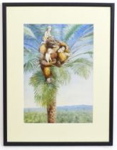 Ethel H. Badcock, 20th century, Watercolour, A gorilla with three children in a palm tree. Approx.
