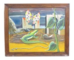E. Tranter, 20th century, Watercolour, A Surrealist composition with lizard, moth / butterfly,
