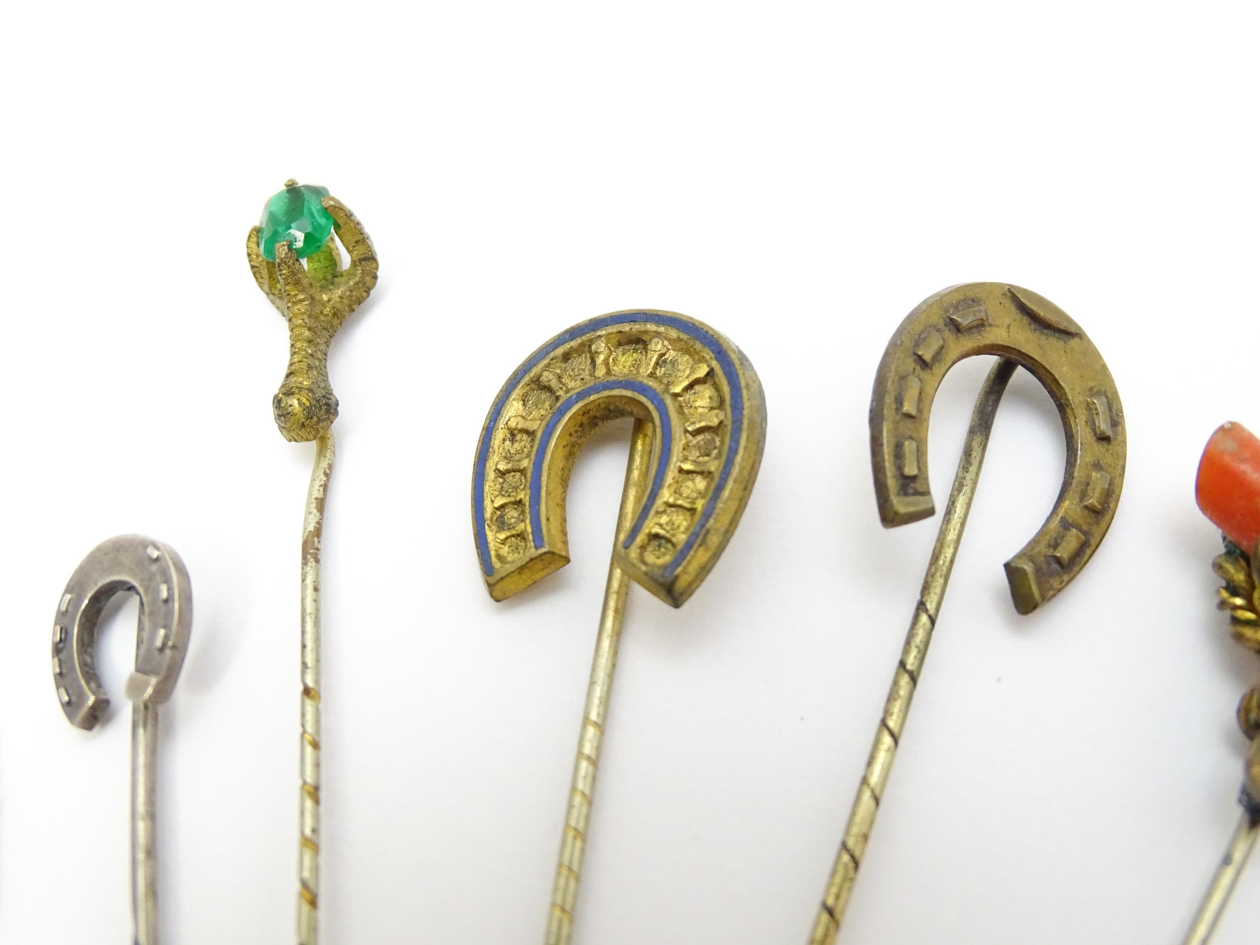 Twelve assorted stick pins to include examples with horse shoe finials, micro mosaic detail, etc. - Image 7 of 13