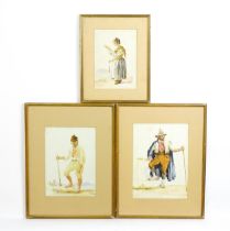 19th century, Italian School, Watercolours, Three peasant portraits comprising a fisherman hiking, a