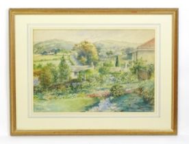 John Pride, 20th century, Watercolour, An English garden with flowers and trees, with view of