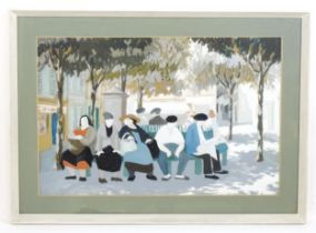 20th century, Watercolour and gouache, A Continental street scene with figures resting on a bench