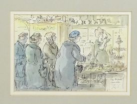 John Verney (1913-1993), Watercolour and ink, At the Chemists, Ladies queuing at the shop counter.