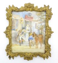 A 19thC miniature watercolour depicting figures and a young boy with a horse outside a pub / inn.