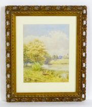 19th century, Watercolour, A river landscape with a fisherman. Signed with monogram and dated 1889