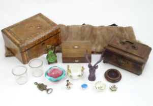 A quantity of miscellaneous to include a workbox with marquetry decoration, a cast bottle opener