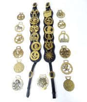 Two leather straps with horse brass detail, together with various loose horse brasses (15) Please