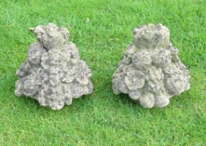 Garden & Architectural : A pair of reconstituted stone finials modelled as fruit baskets with fruit.