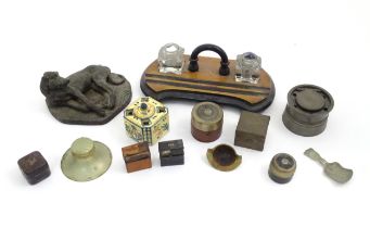 A quantity of assorted items to include a standish, assorted travelling inkwells, a cast model of