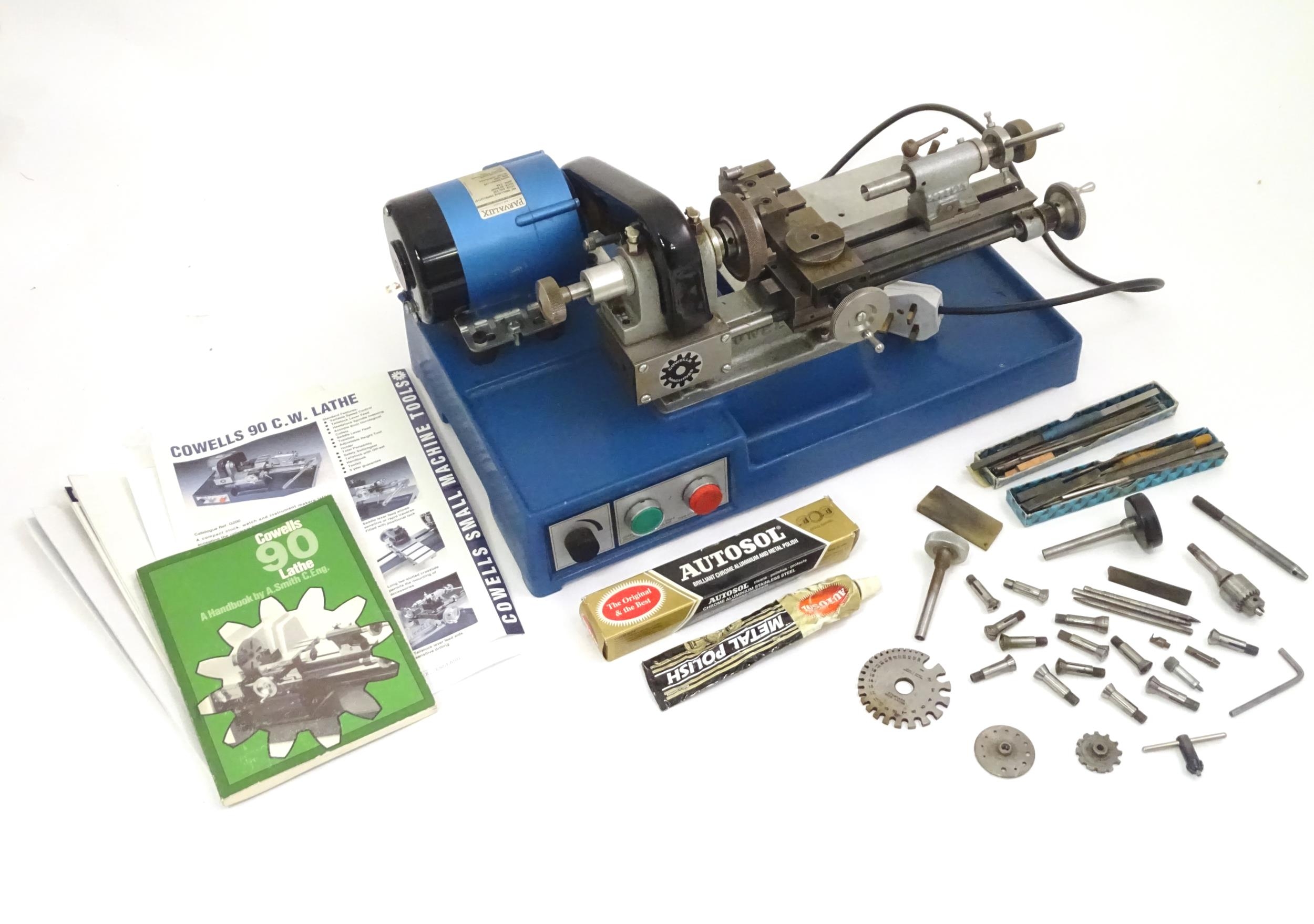 Clock / Watchmakers / Repairers Interest : A Cowells 90CW lathe, together with various tools,