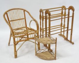 Two pine towel rails, together with a rattan and bamboo chair and a set of corner shelves. (4)