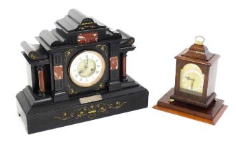 A slate mantle clock with marble detail together with a bracket clock. Largest approx. 15" wide x