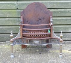 A mid 20thC cast iron and brass fire basket, approx 24" wide, 12" deep, the back 21" tall. Please