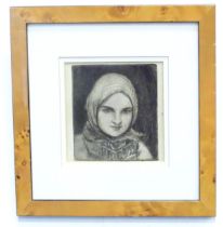 An etching by George Bain depicting a portrait of a woman wearing a headscarf. Approx. 4 1/2" x 4"