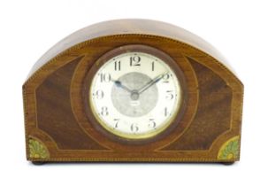 A German 8-day mahogany cased mantel clock with inlaid detail to case. Approx 5 1/4" high Please