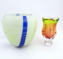 A Polish art glass vase with yellow / green and blue detail, by Jozefina. Together with an art glass