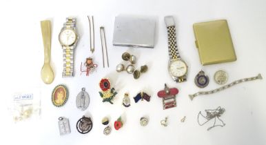 A quantity of assorted miscellaneous items to include cigarette cases, horn spoon, badges,