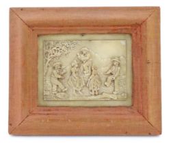 A Victorian wax plaque with relief and bas relief decoration depicting figures dancing in a