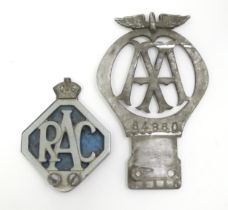 Two vintage motoring car / vehicle radiator badges, comprising AA / Automobile Association (serial