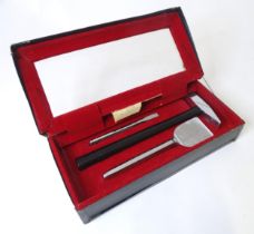 A boxed presentation set of Stanley tools, comprising hammer and chisels, the largest approx 11 3/4"