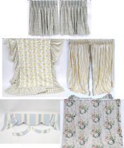 Three assorted curtains to include some decorated with blue and cream checks, another with yellow
