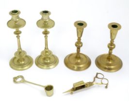 A quantity of brassware to include candlesticks, wick snips, etc. Please Note - we do not make