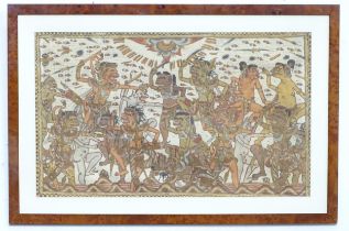 An Indonesian Kamasan painting on fabric depicting a warrior scene. Approx. 18 1/4" x 30 1/4" Please