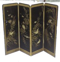 A Japanese four-fold screen, with silkwork panels depicting birds and butterflies amongst foliage,