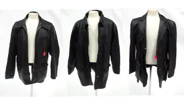 Three men's vintage leather jackets comprising a Montgomery Ward zipped leather jacket, chest