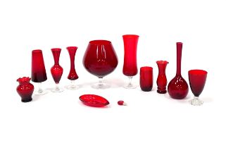 A quantity of assorted red glassware to include vases, glasses etc. The tallest approx 10" Please