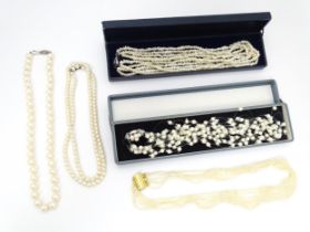 Five various pearl necklaces, to include examples with silver clasps/ (5) Please Note - we do not