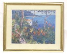 A 20thC colour print depicting a Mediterranean coastal scene. Approx. 25" x 18 1/2" Please Note - we
