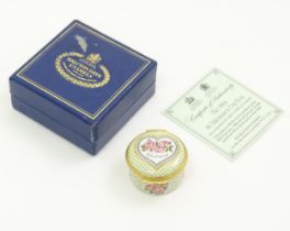 A Halcyon Days enamel pill pot The 1984 St. Valentine's Day Box titled With All My Love. Boxed