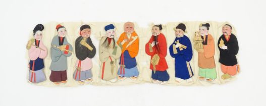 Nine Chinese paper and fabric dolls with painted and embroidered detail. Each approx. 6 1/4" high