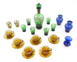 A quantity of assorted Venetian glassware to include a green glass decanter and stopper with