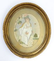 A 19thC needlework embroidery on silk depicting a young lady with flowers in a landscape. Approx. 9"